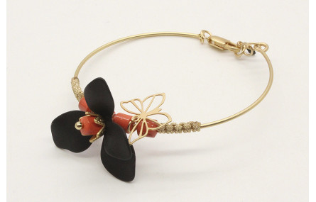 Pulsera rigida con flor esmaltada negra, toneles d