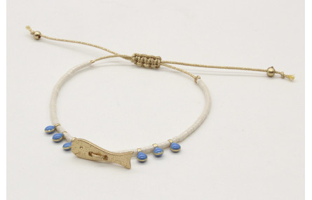 Pulsera hilo macrame oro con miyuki blanco, pez 2 