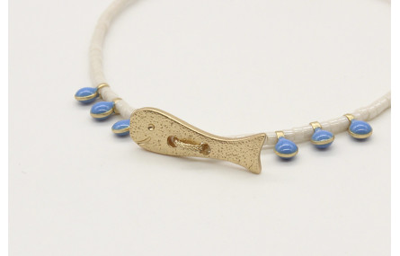 Pulsera hilo macrame oro con miyuki blanco, pez 2 