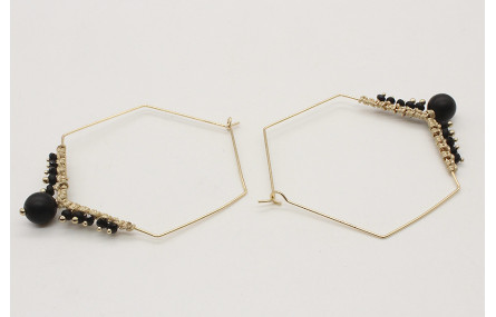 Pendientes arete hexagonal con bolas negras y macr