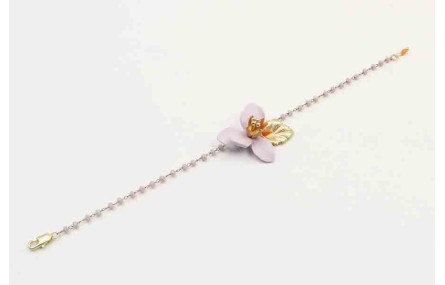 Pulsera cadena facetadas lilas, hoja oro mate,flor