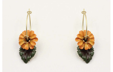 Pendientes aro oro mate con flor esmalte roja y ve