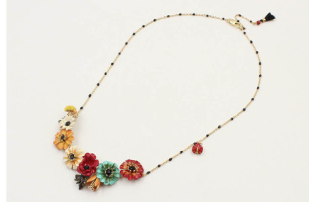 Collar cadena eslabón y microbola negra con flores
