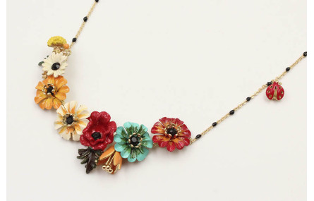 Collar cadena eslabón y microbola negra con flores