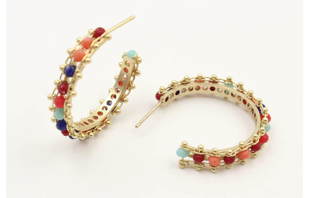 Pendientes aro cosida cadena de bolas de colores.