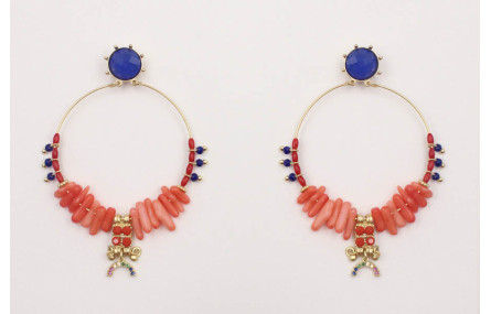 Pendientes perno brillo azulón, aro con corales co