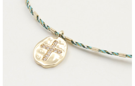 Pulsera macrame azul,gris y oro con nudo macrame p