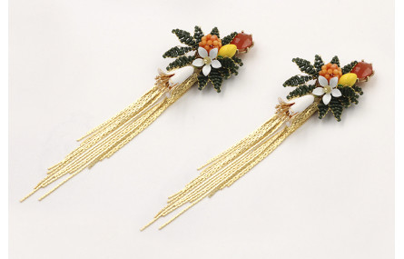 Pendientes perno brillo naranja, hojas miyuki verd