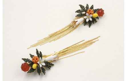 Pendientes perno brillo naranja, hojas miyuki verd