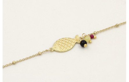 Pulsera cadena micro bola dorada mate con pez, aba