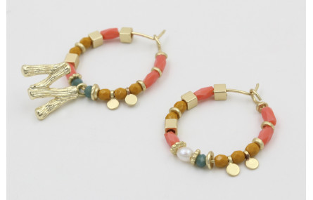 Pendientes aros con tubos facetados salmón, bolas 