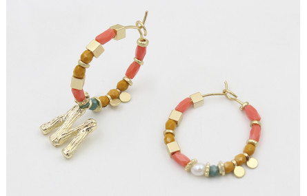 Pendientes aros con tubos facetados salmón, bolas