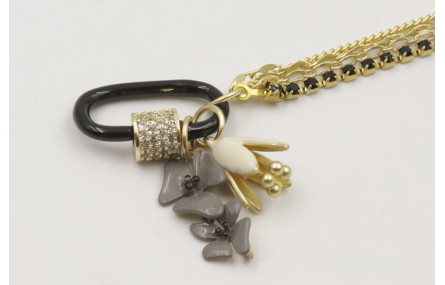 Pulsera 4 cadenas con cierre eslabón negro, flores