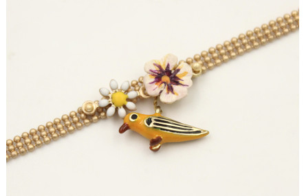 Pulsera cadena bolas 3 bandas dorada mate con flor