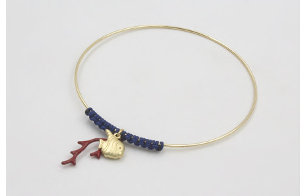 Pulsera rigida dorada brillo con nudo macramé azul