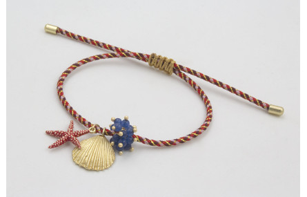 Pulsera de driza rojiza y rosa con concha, estrell