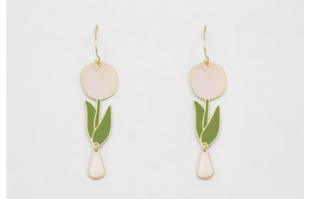 Pendientes perno sencillo con tulipán rosa y lagri