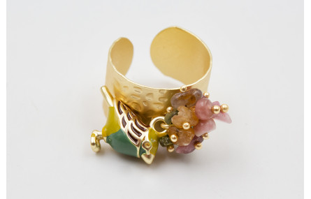 Anillo burruño turmaslines verde-rosas y pájaro es