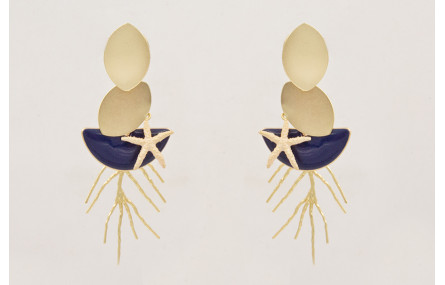 Pendientes ovalos dorados,semicirculo esmaltado az