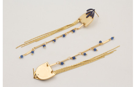 Pendientes hoja esmaltada azul oscuro con fleco do