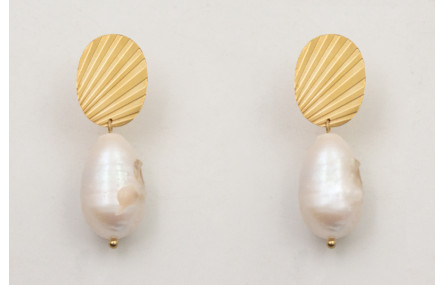 Pendientes perno ACERO estriado con perla de gota 