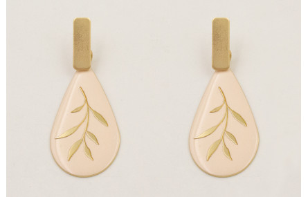 Pendientes gota esmaltada beige con flor dorada y 