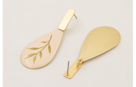 Pendientes gota esmaltada beige con flor dorada y 