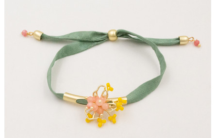 Pulsera regulable de seda plana verde con tubo arq