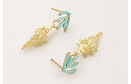 Pendientes perno hojas esmaltadas color turquesa c