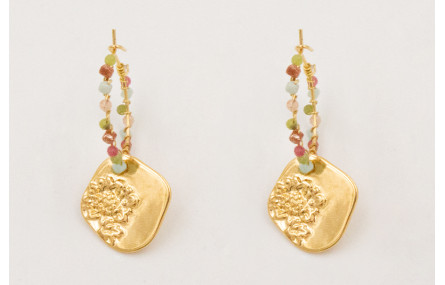 Pendientes ORO 18K. Aro con semipreciosas y colgan