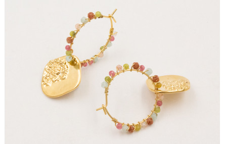 Pendientes ORO 18K. Aro con semipreciosas y colgan