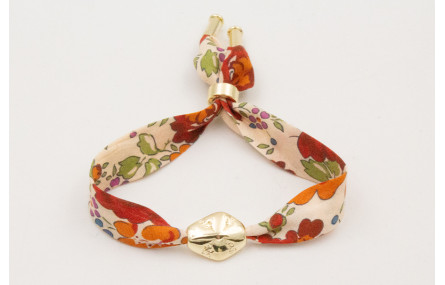 Pulsera lazo estampado bies flores beige y rojas c