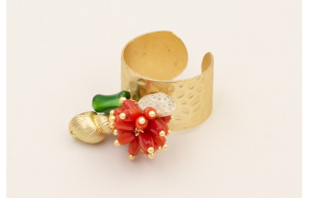 Anillo con burruño micro tubos coral,caracola dora