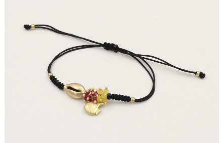 Pulsera hilo negro nudo serpiente con concha y col