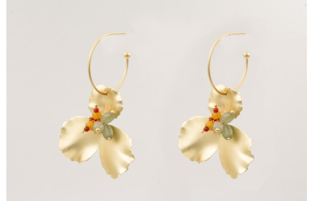 Pendientes aro bolita dorado mate con colgante flo