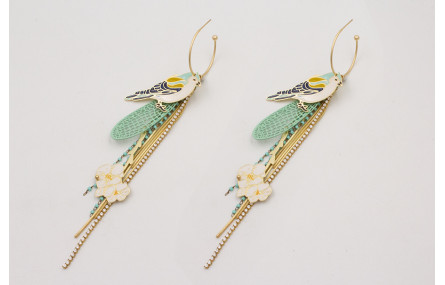 Pendientes aro bolita con pajaro esmaltado tonos a