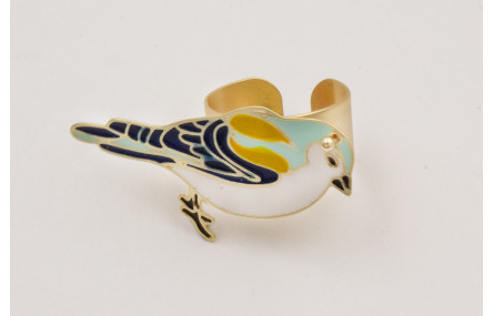 Anillo con pájaro plano esmlatado turquesa, mostaz