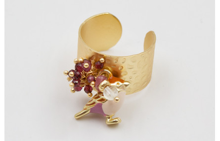 Anillo burruño cuarzos granates  y pájaro esmaltad