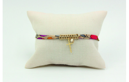 Pulsera lazo liberty crudo con flores rojas, morad