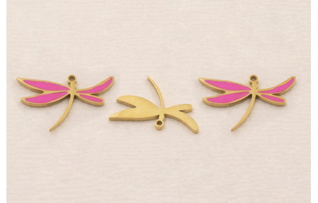 Cuenta Libélula 17*11mm Acero Inox.  Fuxia y Oro
