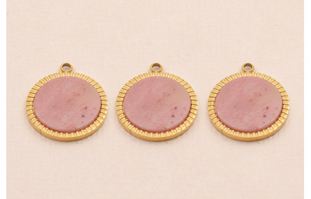 Colgante S.Steel 316L Disco 15mm con Piedra Rosada