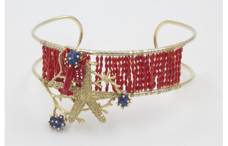 Choker doble aro dorado cosidos coralitos rojos co