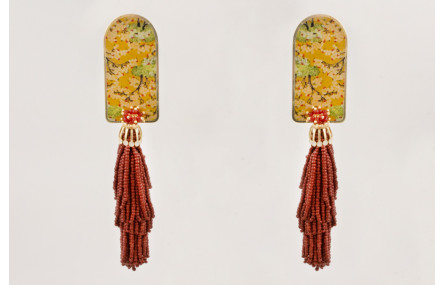 Pendientes pieza semi ovalo estampado amarillo, ve