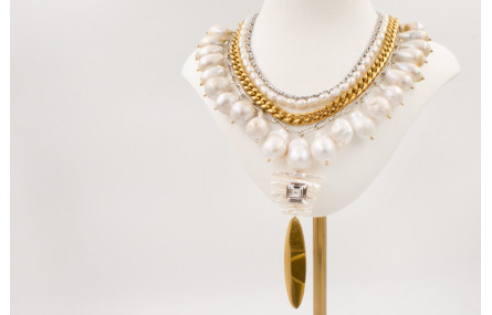 Collar ACERO cadena plateada,tira de perlas,cadena