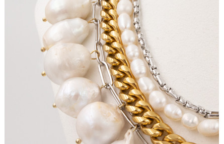 Collar ACERO cadena plateada,tira de perlas,cadena