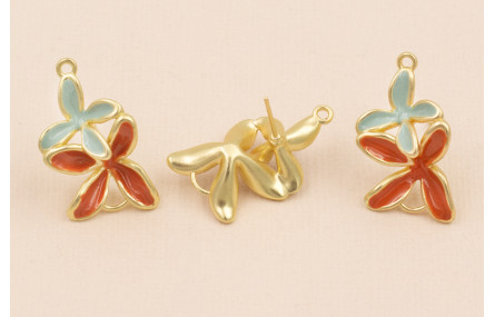 Pendiente Doble Flor 30*18 Oro Mate Turquesa Teja