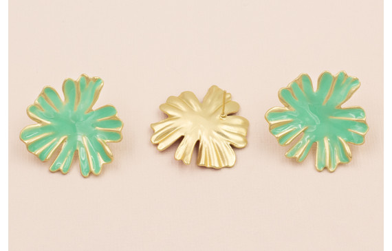 Pendiente Flor Oro Mate esmalte Turquesa 33mm diam